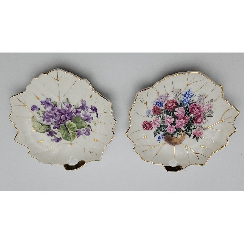 2 Vintage Leaf Plates w/Flowers & Gold Accents Made In Japan